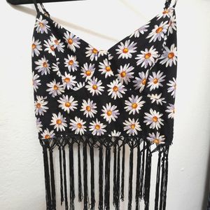Daisy flower crop top with black fringe. Size medium. LA hearts.